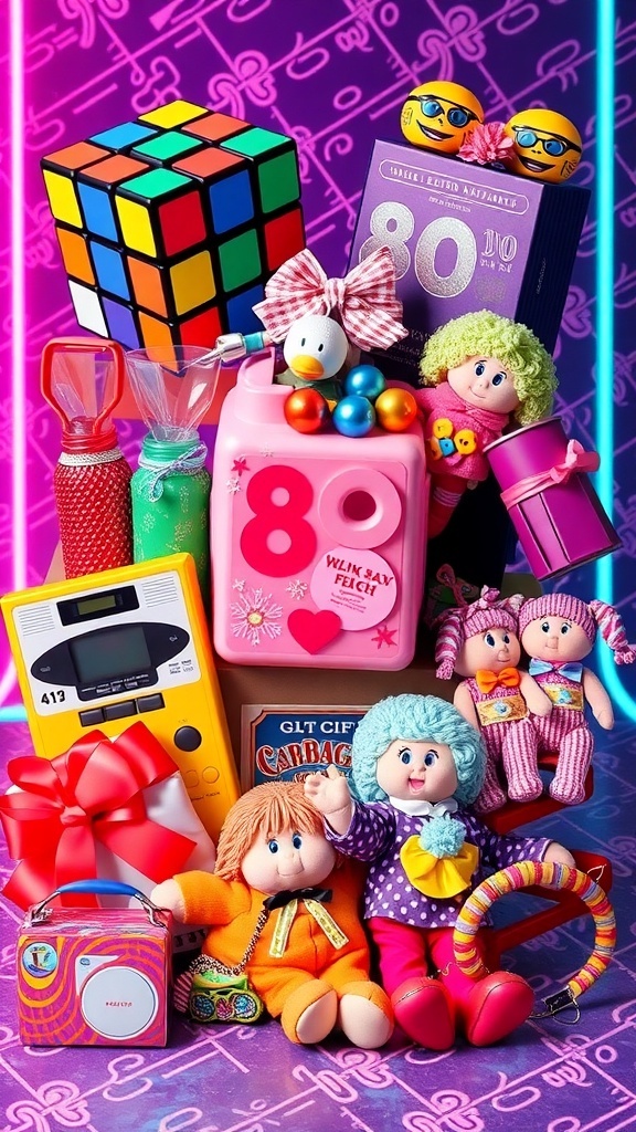 A colorful collection of 80s themed gifts including toys, fashion items, and music players.